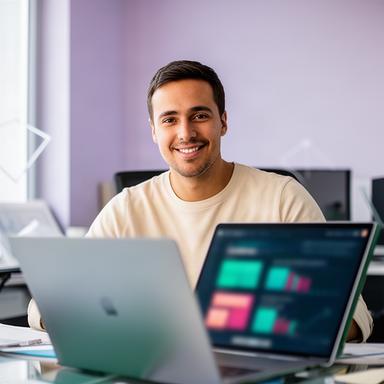 Esen Schaillee in een fintechwerkruimte met een laptop en financiële dashboards